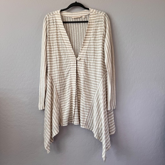 Soft Surroundings 100% Linen Tan Stripe Button Cardigan Duster Jacket Small - Picture 1 of 6